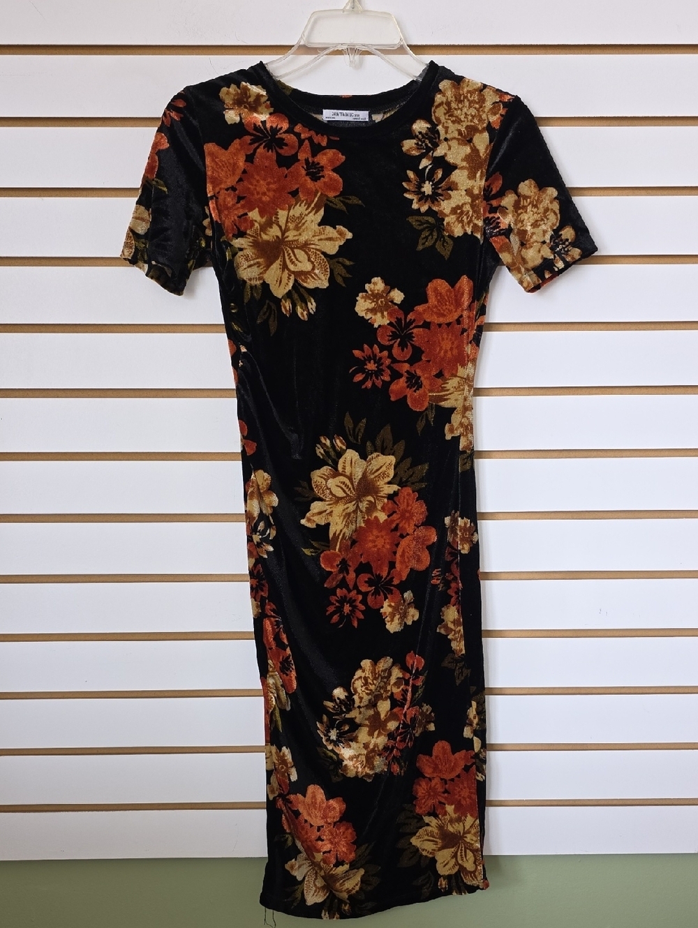 Zara Black Velour Floral Midi Dress with Orange and Gold Flowers